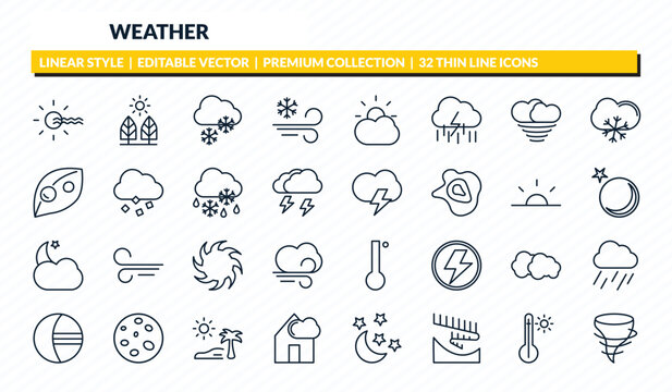 weather icons set - foggy day, daytime, snowy, warm, tornado outline vector collection.