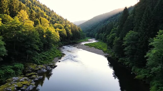 High-angle drone perspective of a serene winding river in a dense mountain forest at golden hour