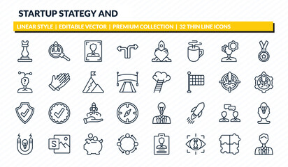 startup stategy and icons set - rook, startup project search, humanpictos, jigsaw, ceo outline vector collection. © IconArt