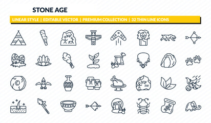 stone age icons set - tipi, club, cave painting, dried insect in amber, mammoth outline vector collection. © IconArt