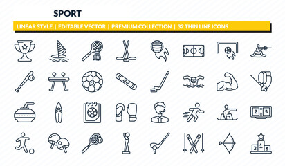 sport icons set - trophy, windsurf, badminton, archery, podium outline vector collection. © IconArt