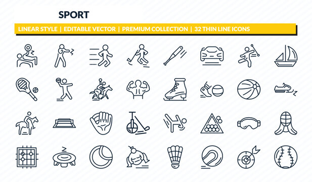 sport icons set - powerlifting, kickboxing, trail running, dart board, softball outline vector collection.