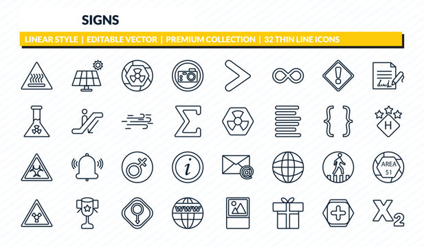 signs icons set - heat, panels, radioactive, addition thick, subscript outline vector collection.