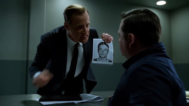 Mature detective interrogating suspect while pointing at mugshot in dark room. Cinematic dramatic lighting. Justice concept.