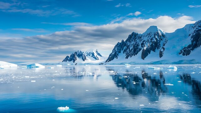 Antarctic icy mountains reflected in calm ocean water
 - Powered by Adobe