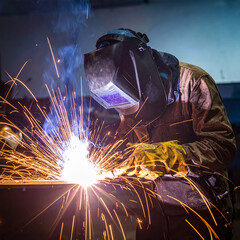 Professional Welder Performing Arc Welding with Protective Gear