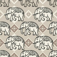 Fototapeta premium A repeating pattern of outlined elephants on a beige background, embellished with decorative geometric shapes in earthy colors.
