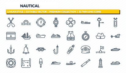 nautical icons set - paddles, sea, porthole, lighthouse, facing right outline vector collection. © IconArt