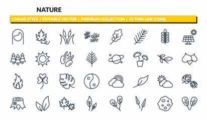 nature icons set - hair style, grape leaf, reed bed, orbicular, plum leaf outline vector collection. © IconArt