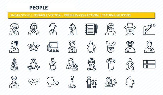people icons set - old woman, small boy, spanish man, mother and baby, colombian outline vector collection.