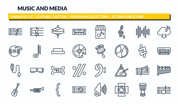 music and media icons set - eight note rest, quarter note rest, cymbal, djembe, crotchet outline vector collection.