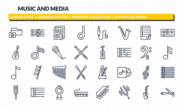 music and media icons set - image archive, sharp, newspaper report, saxophone, clave outline vector collection.