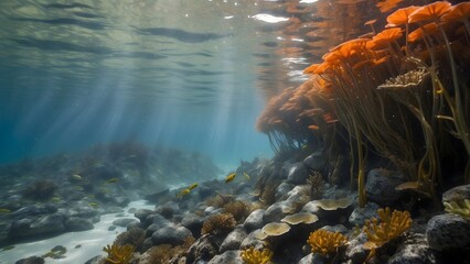 Giant kelp forest canopy in California Current upwelling: sunlight shafts, garibaldi fish, sea otter tool use, strawberry anemones in Gates-housed 