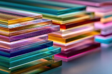 Vibrant stacked translucent sheets with shimmering edges. Perfect abstract background for modern design or tech concepts.