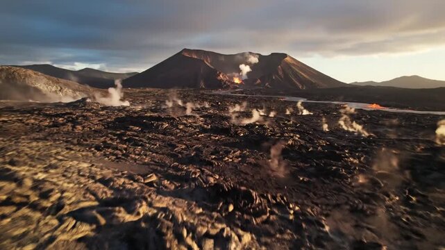 Aerial drone view of an active volcanic landscape with steaming vents and flowing lava at sunset