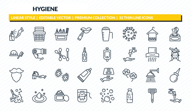 hygiene icons set - antiseptic, laundry basket, hygiene kit, shaving razor, ablution outline vector collection.