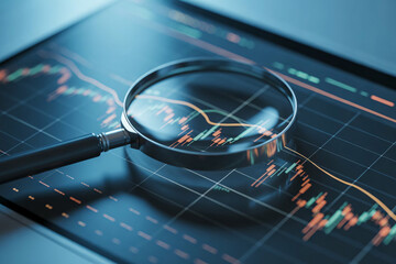 Magnifying Glass Analyzing Candlestick Stock Chart Financial Market Data Concept