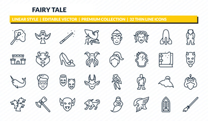 fairy tale icons set - enchantment, harpy, magic wand, stained glass, broomstick outline vector collection. © IconArt