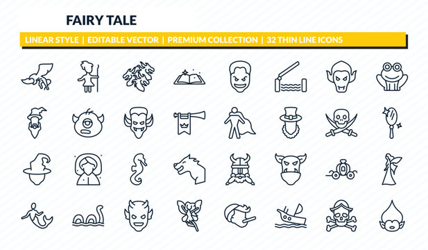 fairy tale icons set - gryphon, curupira, hydra, caribbean, troll outline vector collection.