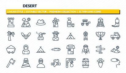 desert icons set - tower, salty desert, desert hat, outlaw, lasso outline vector collection. © IconArt