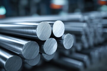 Close-up of numerous polished metal bars with textured ends. Perfect for themes like industry, engineering, and manufacturing.