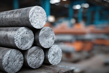 Rough-cut metal bars stacked in an industrial factory setting. Illustrates raw materials, heavy industry, or metal processing concepts.