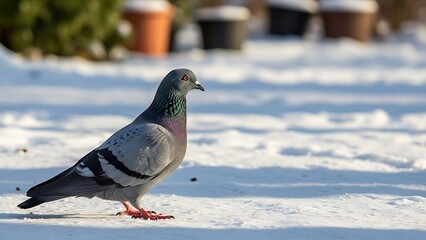 Obraz premium Pigeon standing on snow covered ground with blurred background pots bird animal wildlife nature desi