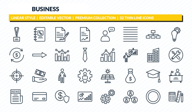 business icons set - lanyard, address book, , full circle, maths tool outline vector collection.