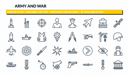 army and war icons set - missile, militar radio, gun shooting, militaty medal, federal agency outline vector collection. © IconArt