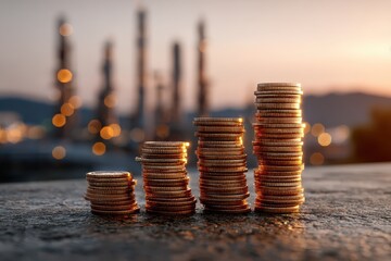 Rising coin stacks glow against blurred industrial backdrop at dusk. Symbolizes increasing wealth, energy sector prosperity, and economic success.