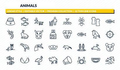 animals icons set - pet food, two golden carps, walking dog, monster mouth, dolphins outline vector collection. © IconArt