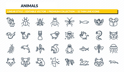 animals icons set - skunk, mite, fly, racoon, mink outline vector collection. © IconArt