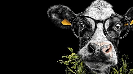 A cow wearing black glasses and eating green grass against a black background