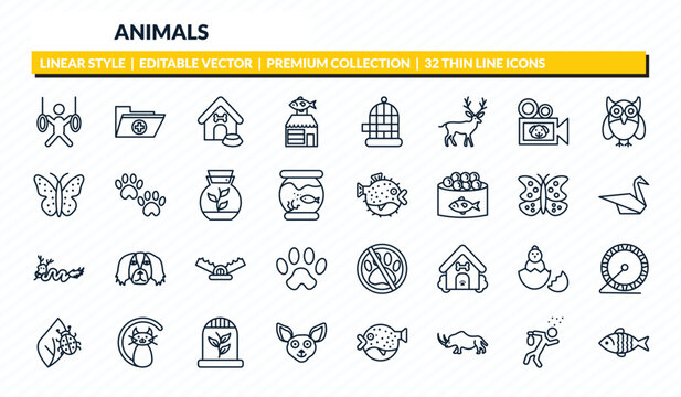 animals icons set - trapeze artists, medic folder, doghouse, drunk, carp outline vector collection.