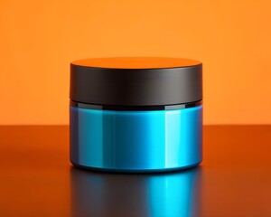 Blue cosmetic jar on orange background