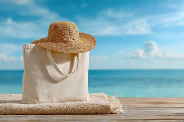 Straw hat, canvas tote bag, and towel on wood deck by blue sea. Perfect for summer travel, vacation, and beach-themed promotions.
