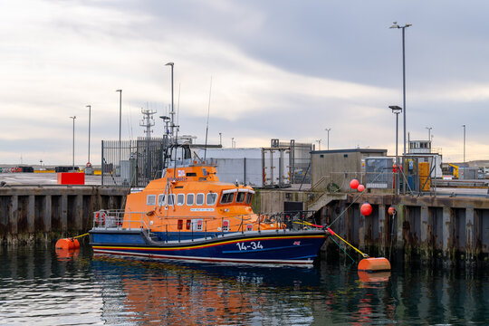 Rnlb willie and may gall lifeboat moored in fraserburgh harbour, scotland, ready for rescue missions