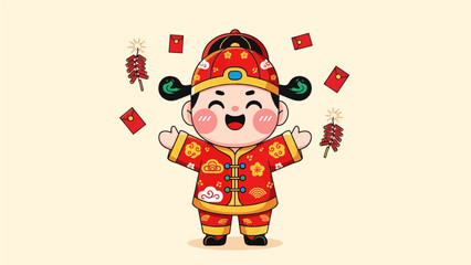 Fototapeta premium Cute Chinese Boy Character Celebrating Lunar New Year with Red Envelope and Falling Firecrackers Illustration