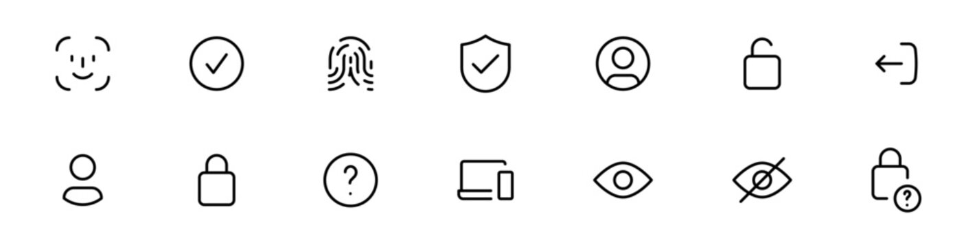 authentication and security icon set with login, face id, finger print, user, biometric, lock, verify, eye vision, visibility, and facial recognition icons - outline icons collection. editable stroke