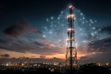Large telecommunication tower with glowing network connections over cityscape at dusk. Represents global internet, 5G connectivity, and modern communication technology.