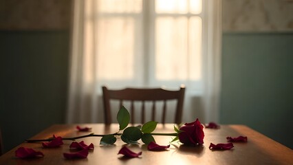 Single red rose lying on wooden table during Singles Appreciation Day representing loneliness, self love, emotional pause, romantic absence and minimalist interior mood
