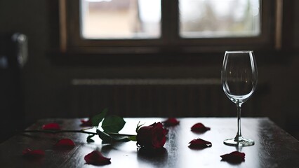 Single rose and empty wine glass on table during Singles Appreciation Day symbolizing solitude, unshared romance, emotional reflection and quiet evening atmosphere
