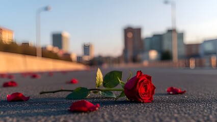 Red rose lying on empty city road during Singles Appreciation Day symbolizing self respect, emotional closure and independence from relationships