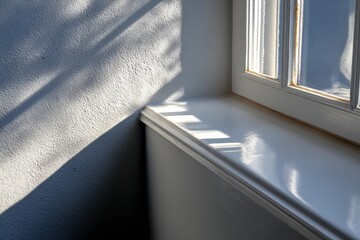 Sunlight creates strong shadows on a textured wall and bright window sill. Conveys calm, natural light for architectural and interior design.