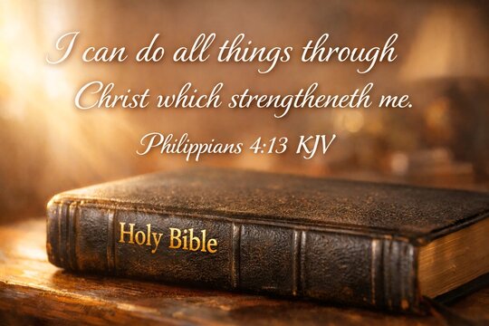 Old Holy Bible on wooden table with Philippians 4:13 KJV scripture verse