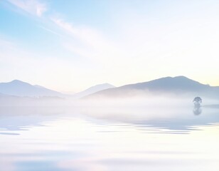 Fototapeta premium Serene Morning Fog Over Calm Water with Silhouetted Mountains