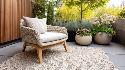 Elegant outdoor armchair, woven texture, soft rug, lush patio garden. Illustrates relaxing outdoor living, home decor, comfort, and modern style.