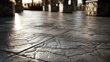 Sunlight highlights textured dark gray outdoor patio floor tiles. Ideal for backgrounds, construction, architecture, or home design needs.