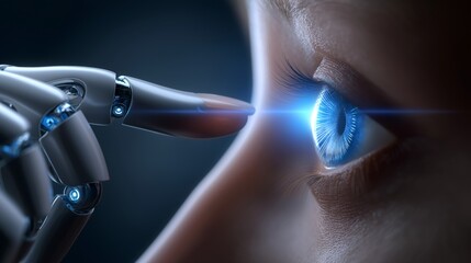 Futuristisches blaues Auge mit digitaler Technologie und Lichteffekten