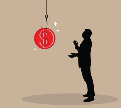 Business Man Catching a Dollar on the Hook Silhouette. People having financial difficulties, monetary scam schemes vector art